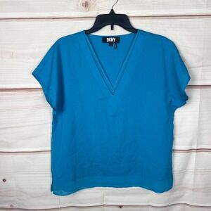 DKNY Top Womens S Blue V-Neck Blouse Dolman Sleeve Pullover Woven Chiffon Trim
